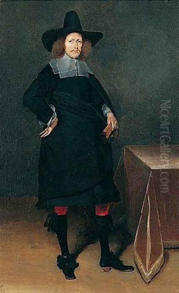 A Portrait Of A Gentleman Wearing A Black Suit And Hat With A White Collar And Cuffs And Holding Gloves, Near A Draped Table - view 1