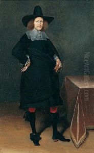 A Portrait Of A Gentleman Wearing A Black Suit And Hat With A White Collar And Cuffs And Holding Gloves, Near A Draped Table
