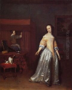An Elegant Lady By A Table In An Interior, Pointing Towards Her Pet Dog by Gerard Ter Borch