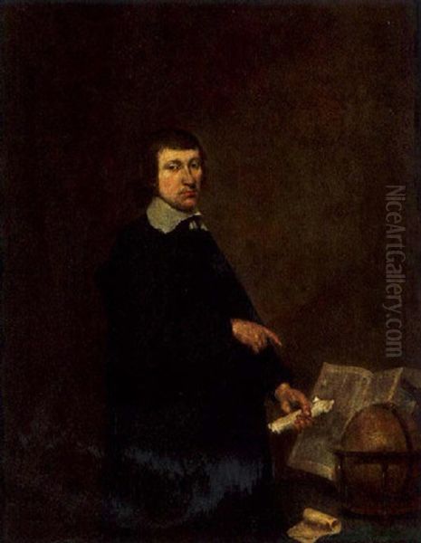 A Portrait Of A Man, Standing, Wearing A Black Coat And White Lace Collar, Pointing To A Table Laid With A Book And A Globe - view 1