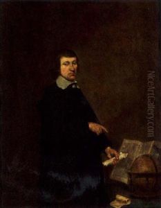 A Portrait Of A Man, Standing, Wearing A Black Coat And White Lace Collar, Pointing To A Table Laid With A Book And A Globe