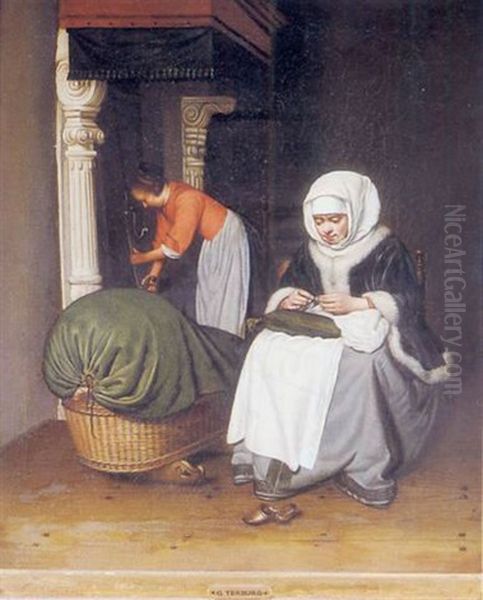 Woman Seated Sewing By A Candle - view 1