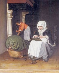 Woman Seated Sewing By A Candle by Gerard Ter Borch