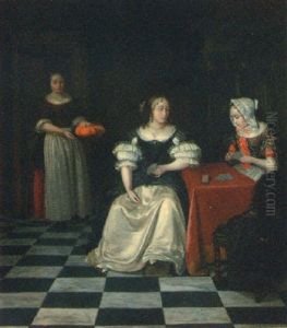 A Lady And Her Chaperone Playing Cards In An Interior by Gerard Ter Borch