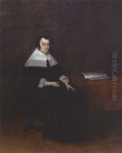 Portrait Of An Elderly Woman Seated By A Table Wearing A Black Dress With Lace Collar And Cuffs And A Bonnet