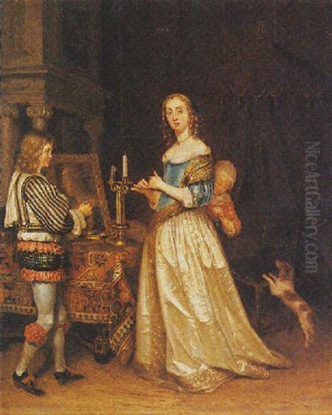 A Lady Getting Dressed In An Interior With A Page Bringing Water - view 1