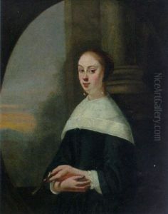 Portrait Of A Lady In A Black Dress And A Lawn Collar Holding A Fan by Gerard Ter Borch