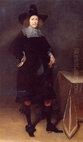 A Portrait Of A Gentleman Wearing A Black Suit And Hat With White Collar And Cuffs And Holding Gloves, Near A Draped Table - view 1