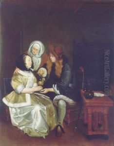 An Elegant Couple Attended By A Procuress by Gerard Ter Borch