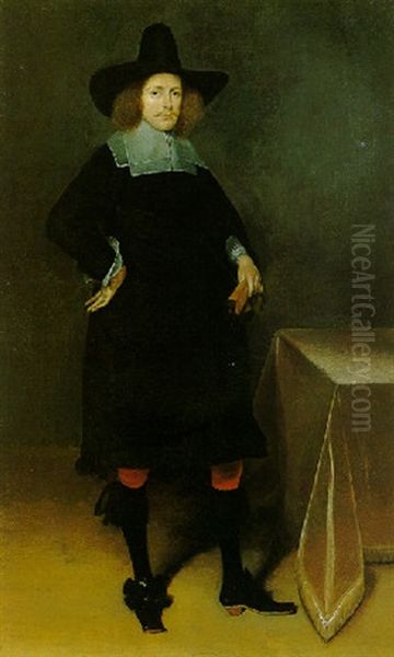 A Portrait Of A Gentleman, Wearing A Black Suit And Hat With White Collar And Cuffs And Holding Gloves, Near A Draped Table - view 1