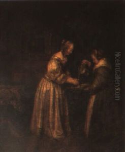 A Lady In An Interior Washing Her Hands In A Bowl Held By Her Maid by Gerard Ter Borch