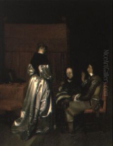 An Elegant Lady With A Seated Couple In A Bedchamber by Gerard Ter Borch