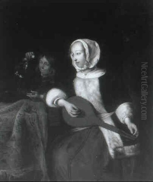 A Young Lady Tuning A Lute At A Table With A Young Boy      Feeding A Dog, In An Interior - view 1