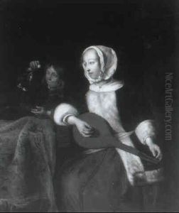 A Young Lady Tuning A Lute At A Table With A Young Boy      Feeding A Dog, In An Interior by Gerard Ter Borch