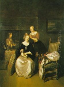 A Lady With Her Maid And Serving Boy In Her Bedchamber by Gerard Ter Borch