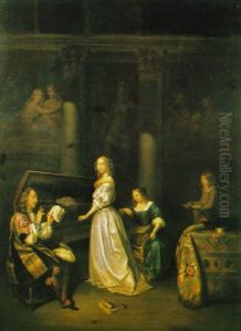 The Musical Evening With A Lady Playing A Virginal And A Gentleman Singing by Gerard Ter Borch