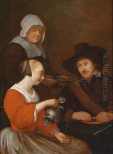 Interieur Mit Einer Jungen Frau, Die Ihr Glas Fullt, Dahinter Ein Soldat Und Eine Dienstmagd Interieur Mit Einer Jungen Frau, Die Ihr Glas Fullt, Dahinter Ein Soldat Und Eine Dienstmagd