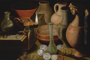 Ancient Coins, Glasswear And Pots On A Table-top With An Oil Lamp by Hendrik van der Borcht the Elder
