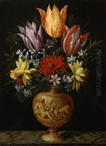 Flowers In A Vase On A Marble Plinth Flowers In A Vase On A Marble Plinth
