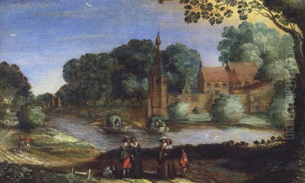 Fluslandschaft Mit Einer Vornehmen Gesellschaft, Im Hintergrund Ein Schlos - view 1