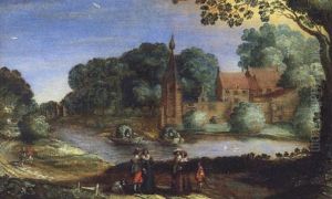 Fluslandschaft Mit Einer Vornehmen Gesellschaft, Im Hintergrund Ein Schlos by Hendrik van der Borcht the Elder