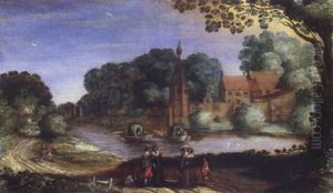Fluslandschaft Mit Einer Vornehmen Gesellschaft, Im Hintergrund Ein Schlos by Hendrik van der Borcht the Elder