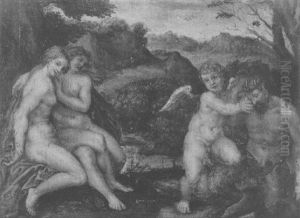 Diana And Callisto With A Satyr And Cupid In A Landscape by Hendrik van der Borcht the Elder