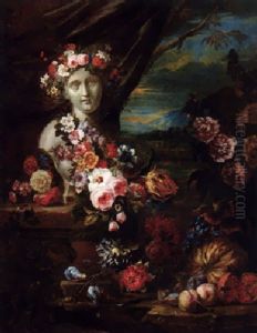 A Bust On A Pedestal Adorned With Garlands Of Flowers With Fruit And Other Flowers In A Landscape
