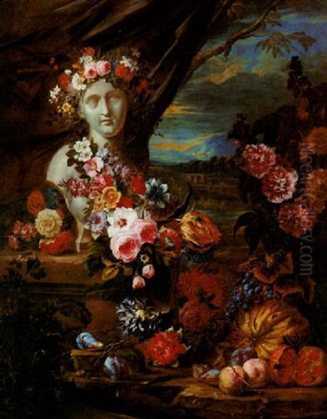 A Sculpted Bust Decorated With A Garland Of Flowers, With Fruits And Flowers In A Landscape - view 1