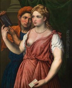 Eine Junge Dame Mit Spiegel Und Dienerin by Paris Bordone