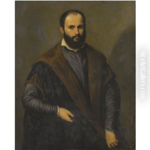 Portrait Of A Bearded Man Wearing A Black Fur-lined Coat, Holding A Cap In His Right Hand by Paris Bordone