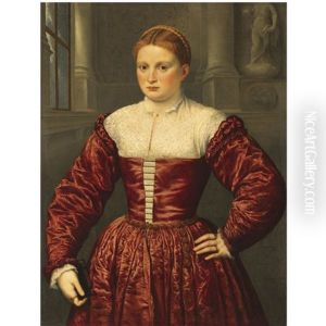 Portrait Of A Lady, Traditionally Believed To Be Of The Fugger Family, Standing Within A Palace Interior, Wearing A Crimson Satin Dress And Holding A Prayer-book In Her Right Hand by Paris Bordone