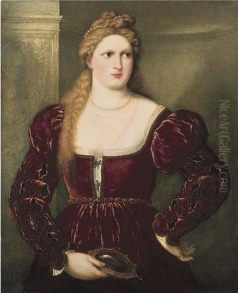 Violante: Portrait Of A Lady In A Red Velvet Dress, Holding A Mirror - view 1