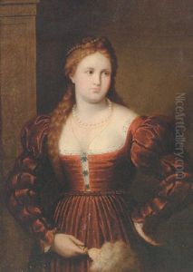 Portrait Of A Lady, Formerly Identified As Violante Della Vecchia, In A Red Dress Holding A Fan by Paris Bordone