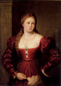 Bildnis Einer Vornehmen Dame In Rotem Samtkleid Mit Einer Perlen-halskette by Paris Bordone