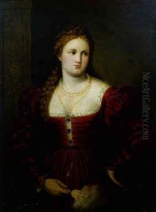 Portrait Of A Woman In Red Holding A Fan by Paris Bordone