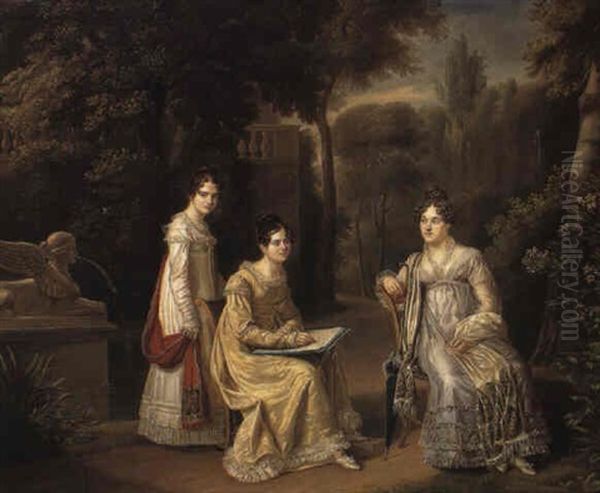 Portrait Of Three Ladies, One Sketching, In A Park - view 1