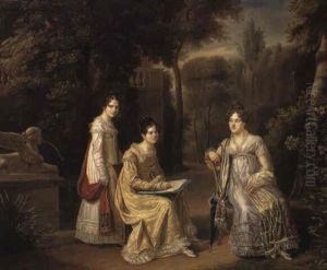 Portrait Of Three Ladies, One Sketching, In A Park