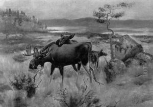 Skandinavische Landschaft Mit Elchen by Axel Borg