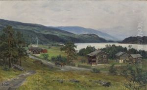 Hest Og Vogn Pa Landevei Med Gardsbruk by Hans Frederik Henriksen Borgen