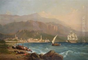 Vue Des Indes Avec Un Cortege Se Rendant Vers Une Ville, A Droite Larchitecture Dun Temple Au Milieu Dune Palmeraie by Auguste Borget