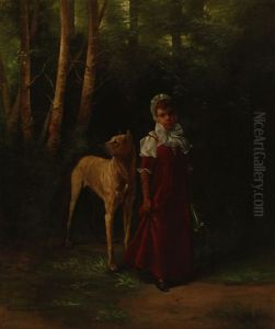 Girl And Dog In A Forest Interior by Elizabeth Borglum