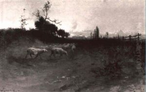 Sheep In California Landscape by Gutzon (John-Gutzon-Mothe) Borglum