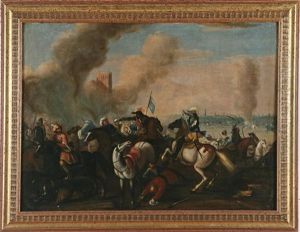 Battaglie Con Cavallerie, In Una Il Trombettiere A Sinistra Suona Gli Ordini (pair) by Ambrogio Borgognone