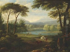A Wooded River Landscape With Travellers On A Path And Fishermen On A Shore, Mountains Beyond