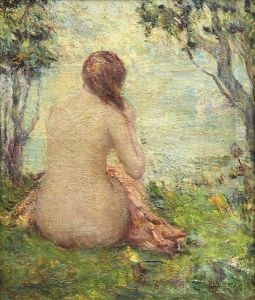 Jeune Femme Nue De Dos Assise Au Bord Du Lac by Martin Borgord