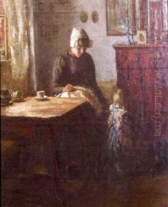 Dutch Interior Scene With Woman And Child by Martin Borgord
