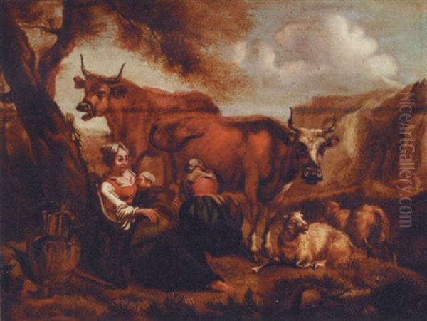 Milkmaids With A Sleeping Child, Cows And Sheep In A Mountainous Landscape, A Cowherd In The Distance - view 1