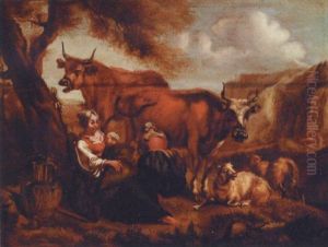Milkmaids With A Sleeping Child, Cows And Sheep In A Mountainous Landscape, A Cowherd In The Distance