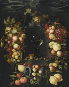 A Roemer With Walnuts And Almonds In A Niche Surrounded By A Garland Of Fruits, With Wasps And Ladybirds, And A Canopy Above